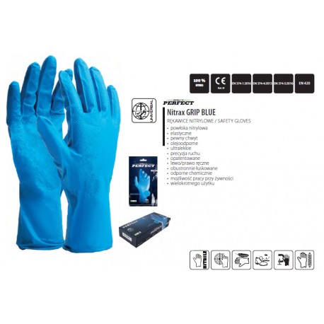Rękawice nitrylowe wielorazowe grube, długie NITRAX GRIP BLUE, pakowane w blistrach po 3 pary (cena za 3 pary)